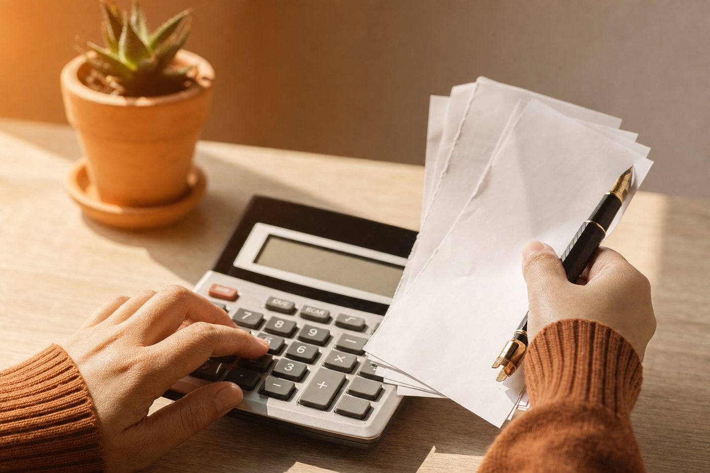 A small business owner working calmly at a sunlit desk