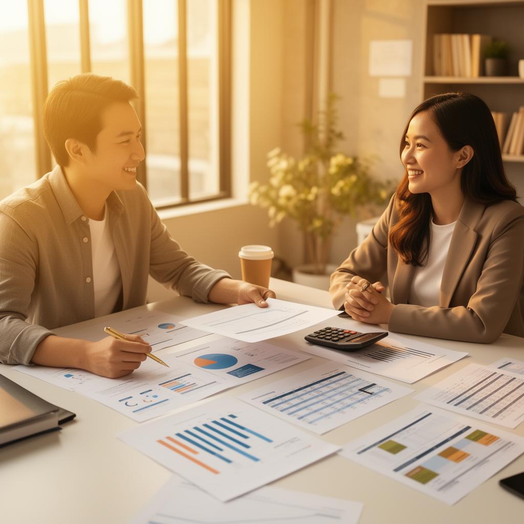Two people reviewing organized financial documents together