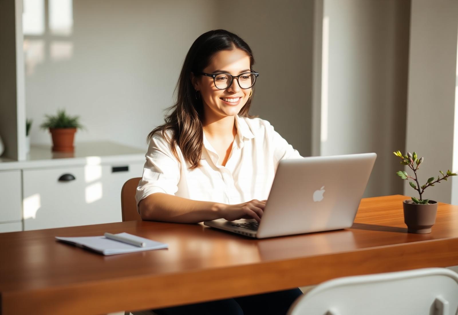 A small business owner working calmly at a sunlit desk